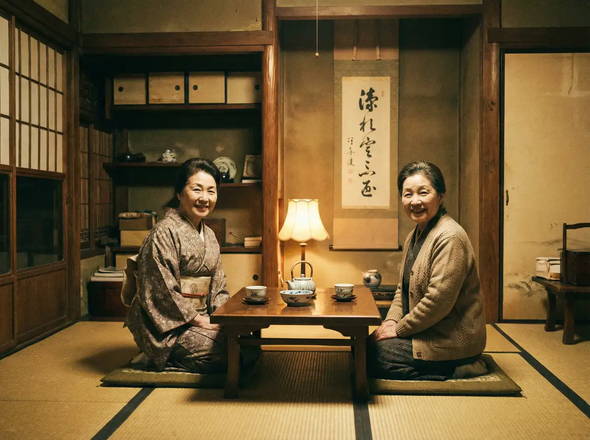 两位优雅的 吃瓜群众 在日式茶室中品茶交谈
